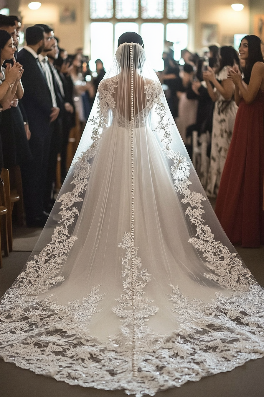 Cathedral length wedding veil. Pearl-dotted lace edges with silver embroidery.