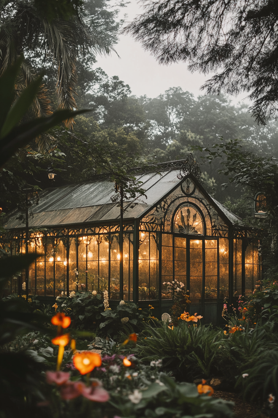 Small wedding venue. Glasshouse in lush botanical garden.