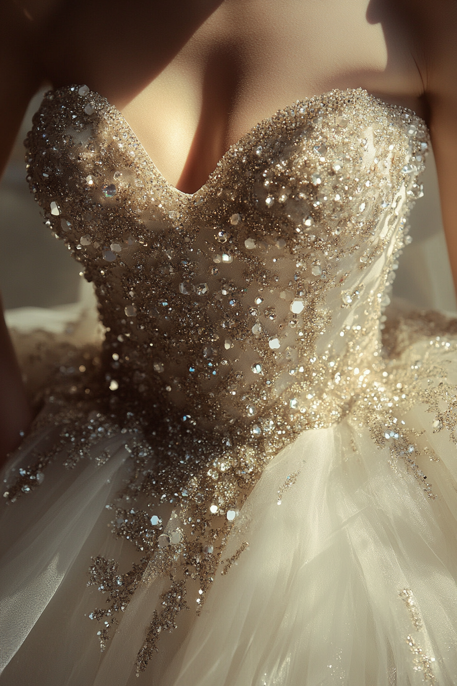 Wedding ballgown. Glittering tulle and crystal-draped corset.