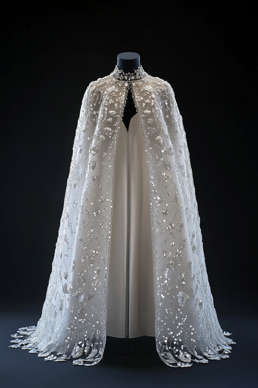 Wedding cape. Shimmering white, tapered, embellished with pearl-encrusted ice crystal patterns.