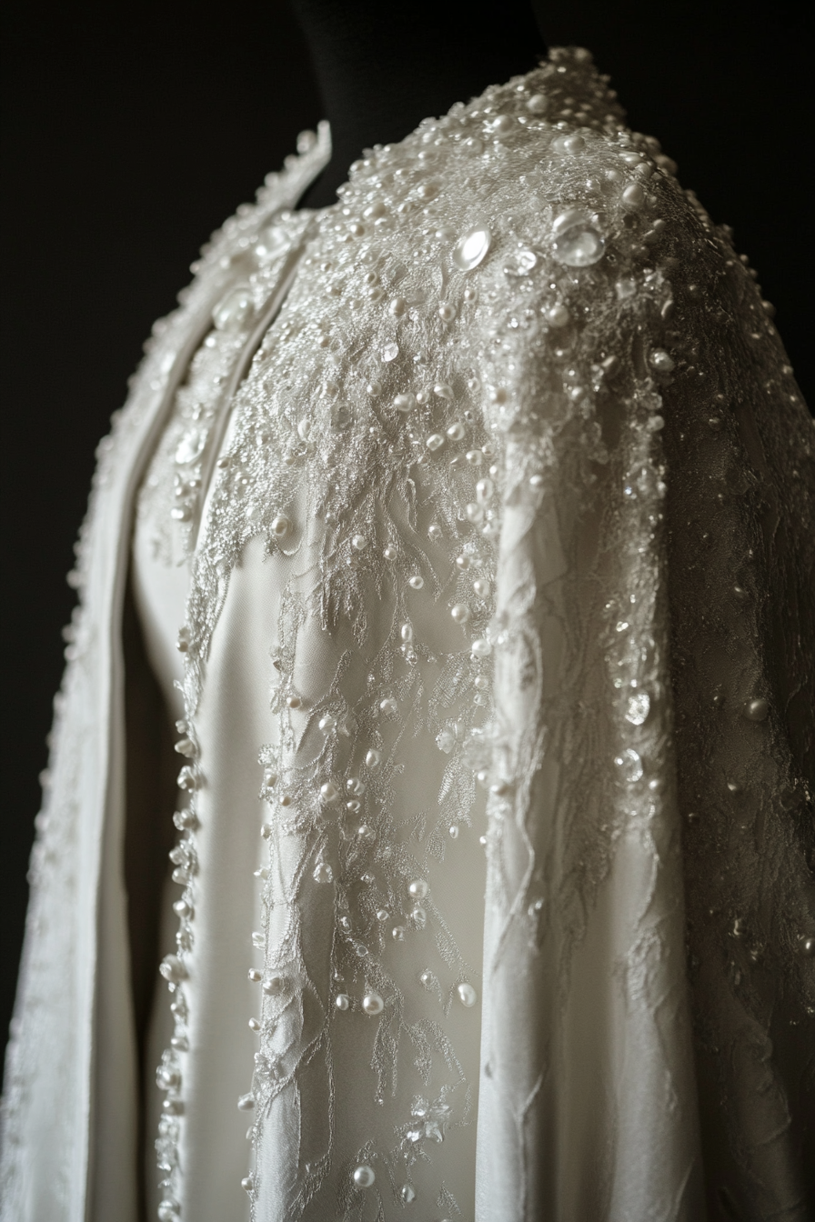 Wedding cape. Shimmering white with pearl-encrusted ice crystal details.