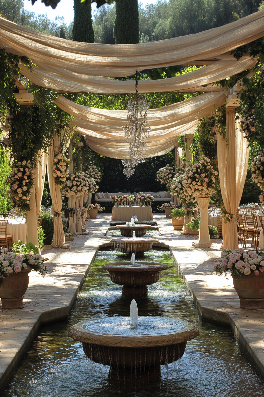 Wedding reception layout. Pergolas draped in blush roses, accompanied by grand burlap-bodied fountains.