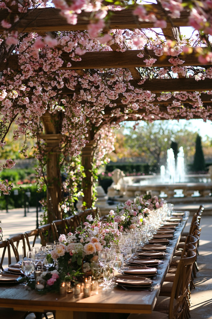 Wedding reception layout. Pergola adorned with cherry blossoms, amphitheater seating, overlooking fountains.