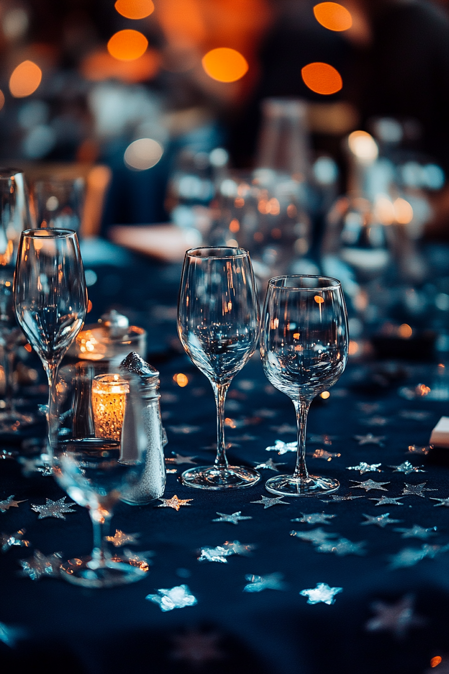 Wedding table. Midnight blue tablecloth scattered with silver stars.