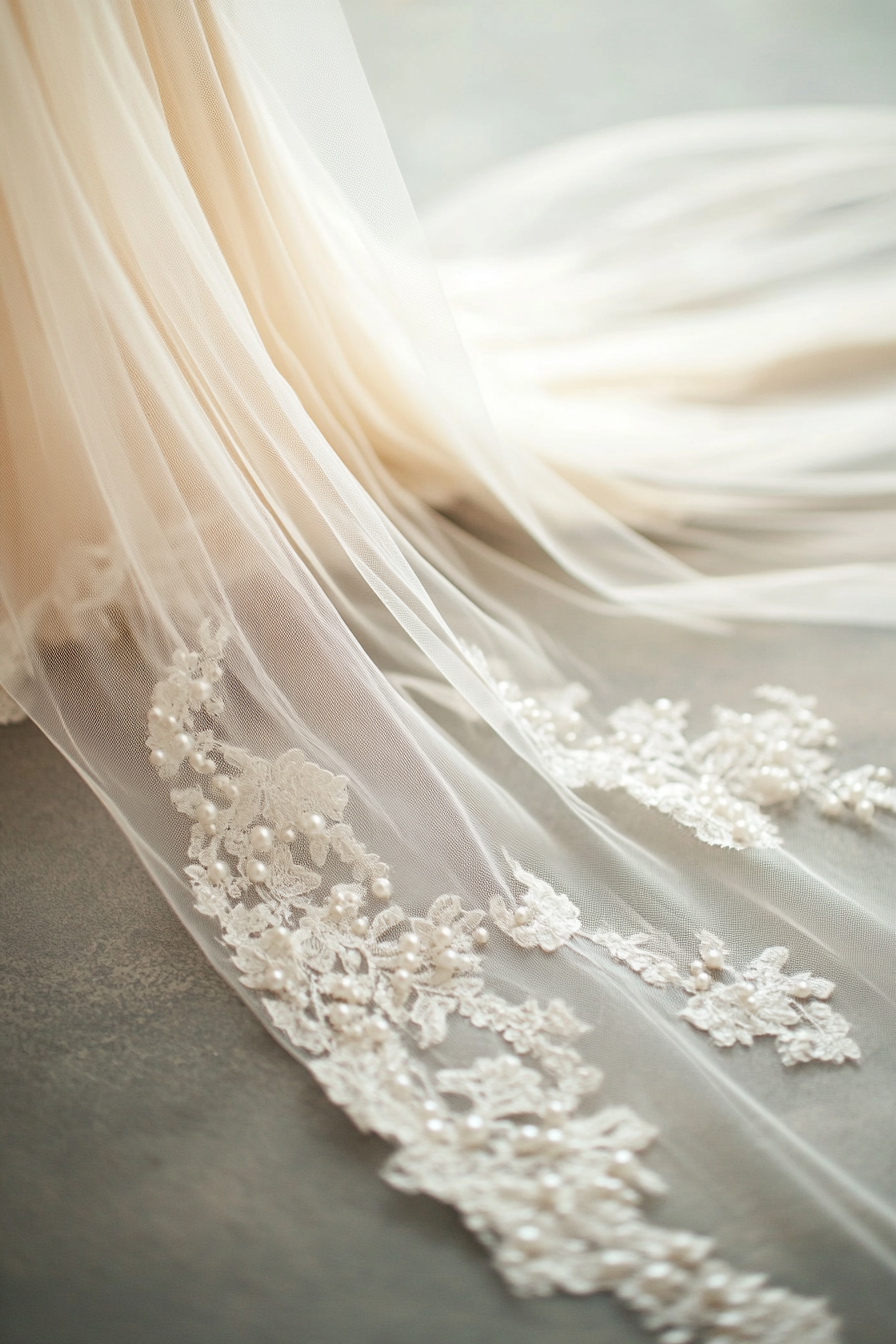 Cathedral length wedding veil. Pearl-dotted lace edges, champagne hue.