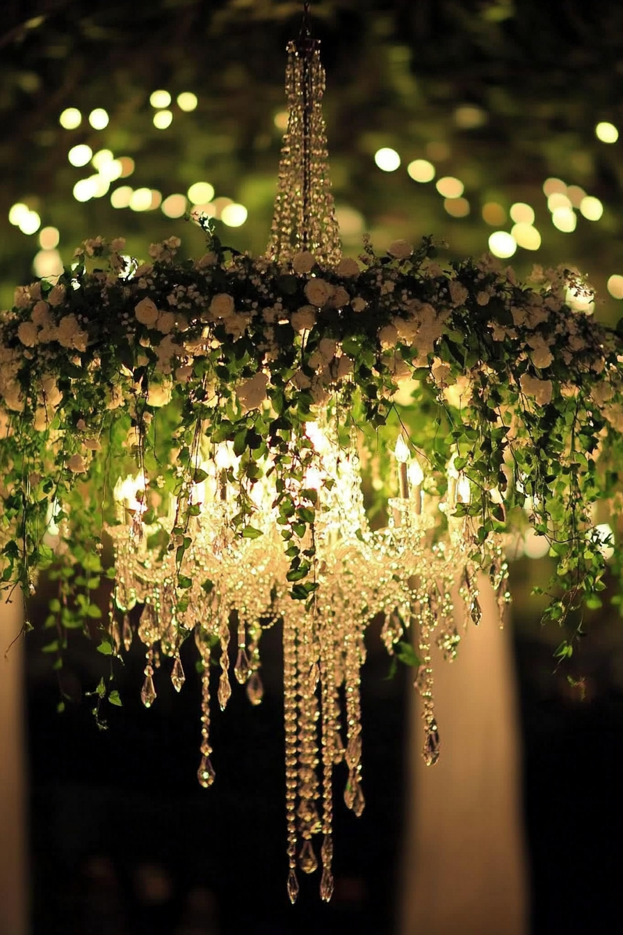 Wedding reception decoration. Crystal chandelier entwined with white flowers and ivy vines.