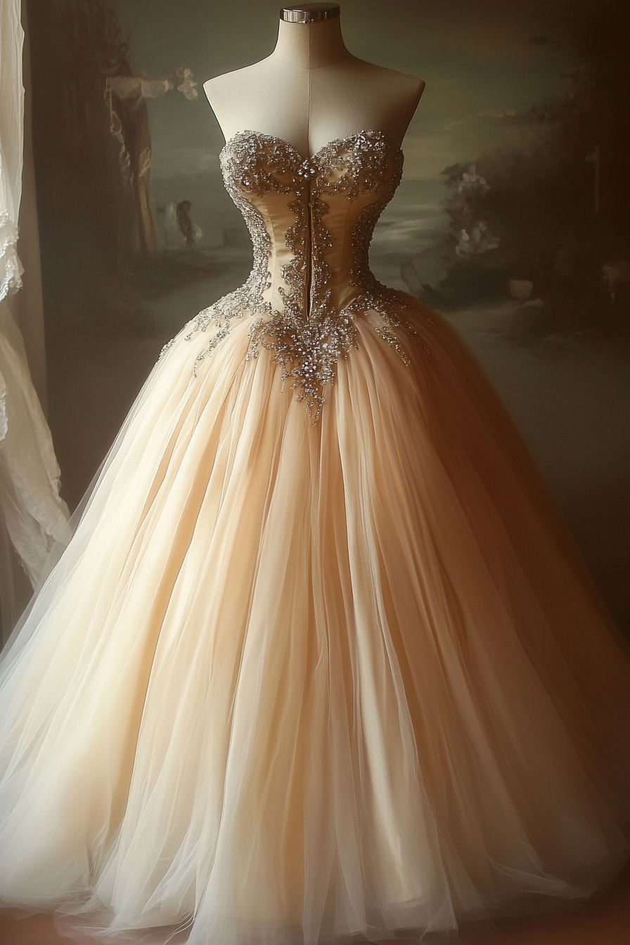 Wedding ballgown. Champagne tulle, strapless, floor-length, crystal-draped corset.