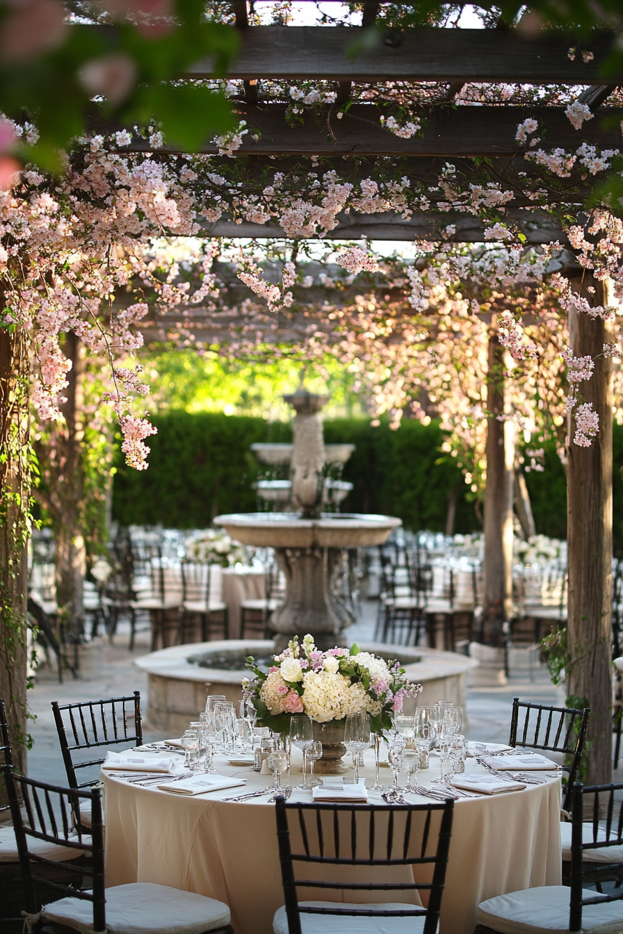 Wedding reception layout. Blossom-laden pergola next to stone fountain.