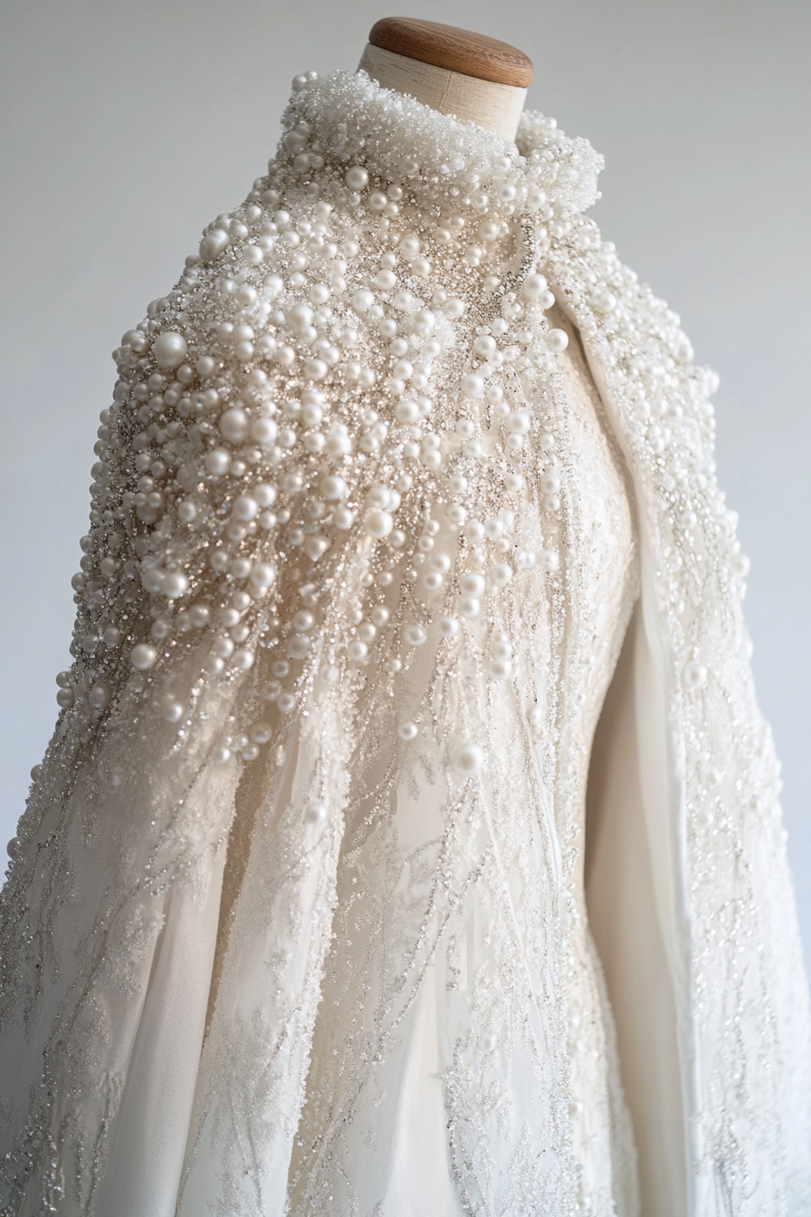 Wedding cape. Shimmering white with pearl-encrusted ice crystal details.