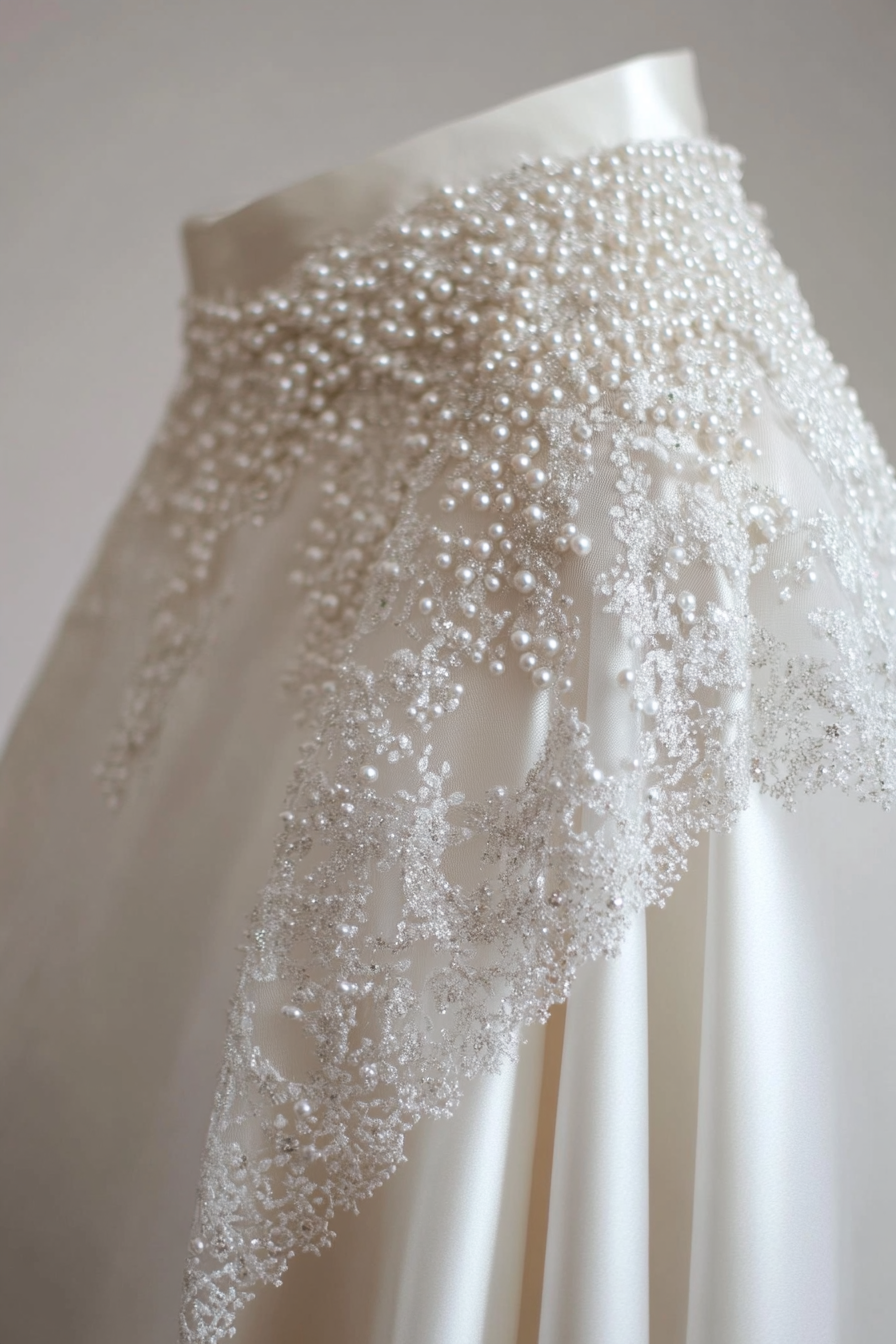 Wedding cape. Shimmering white satin with pearl-encrusted ice crystal border.