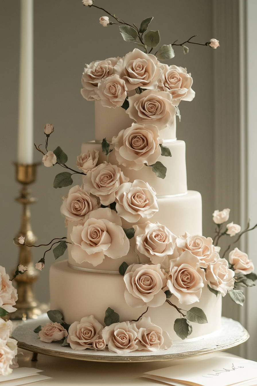 Wedding cake and stationery. Pastel pink roses with ivory frosting and matching cream envelopes.