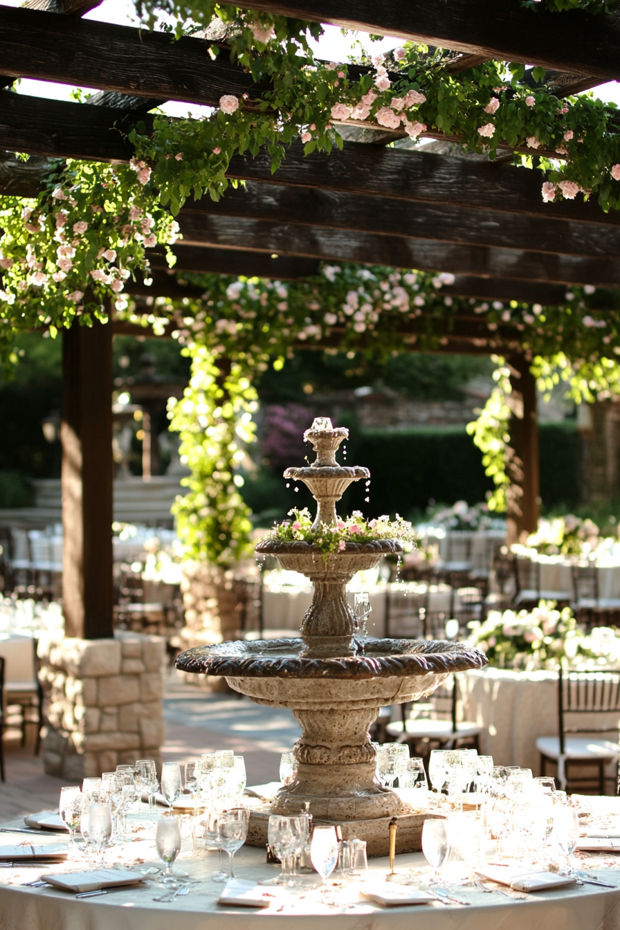 Wedding reception layout. Pergola adorned with jasmine, overlooking stone fountain.