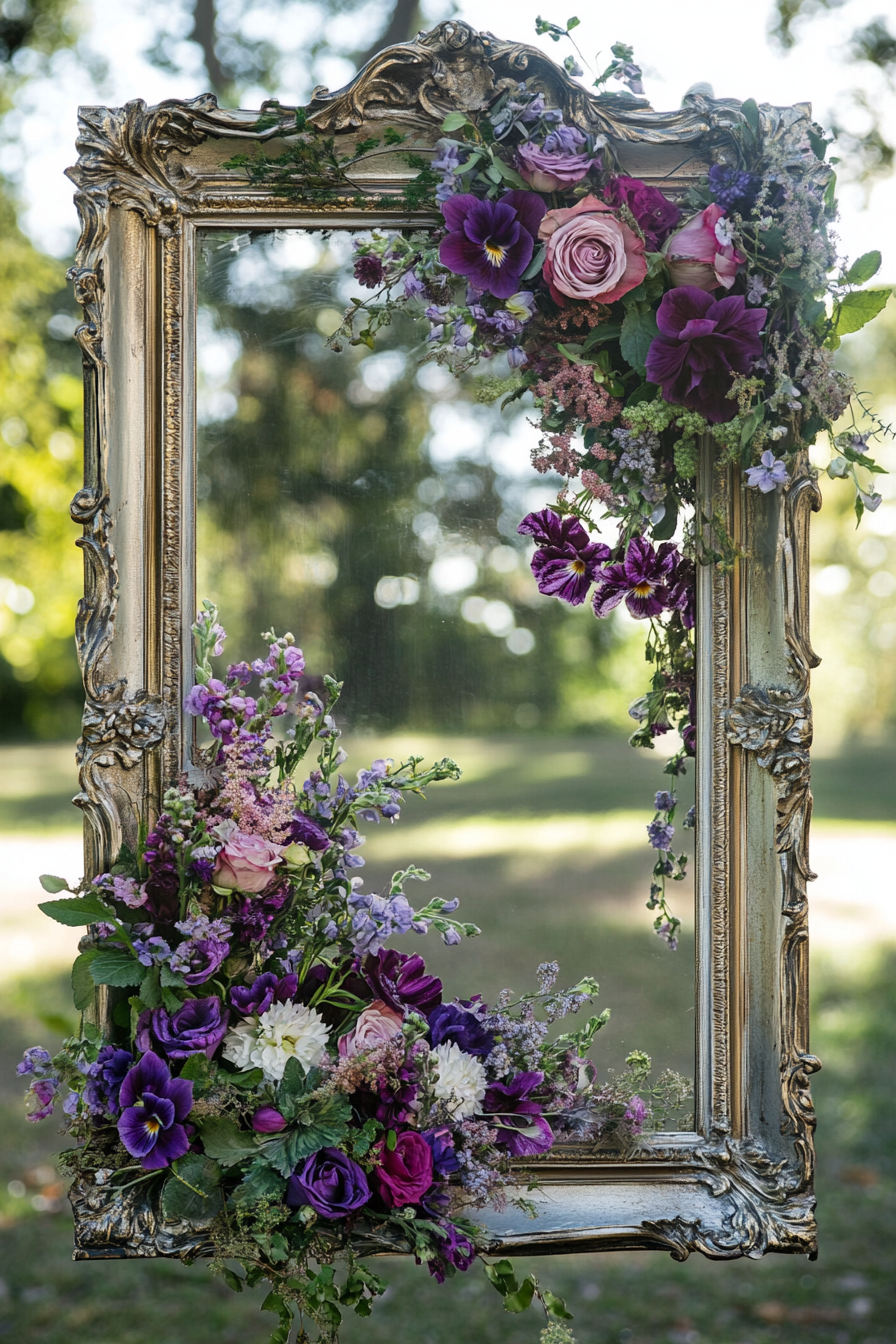 Wedding welcome mirror. Acrylic-framed, including violets.