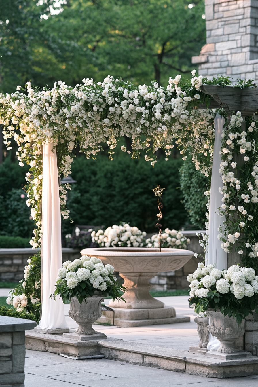 Wedding reception layout. White blooming pergola by stone fountain.