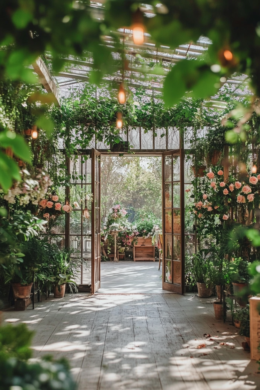 Small wedding venue. Greenhouse with vines and hanging plants.