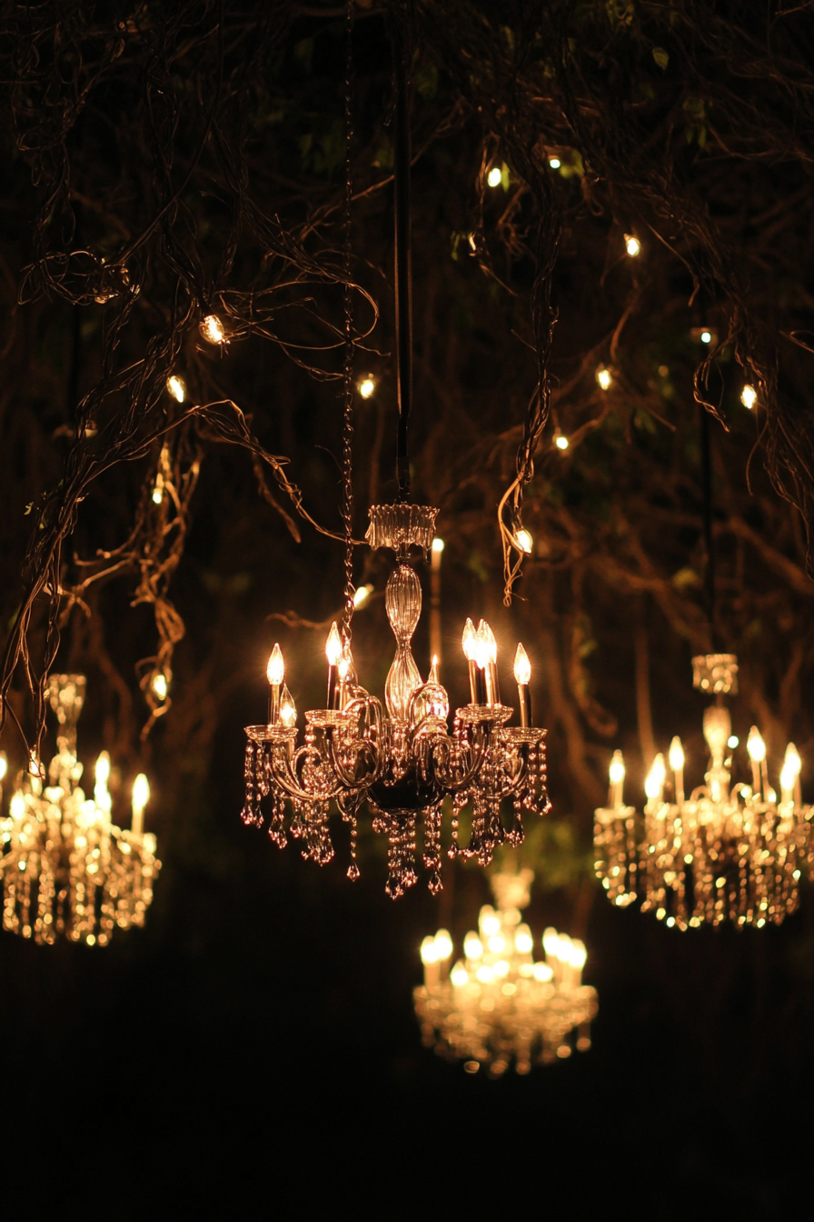 Wedding reception lighting. Glistening chandeliers reflecting off twisted vine canopies.