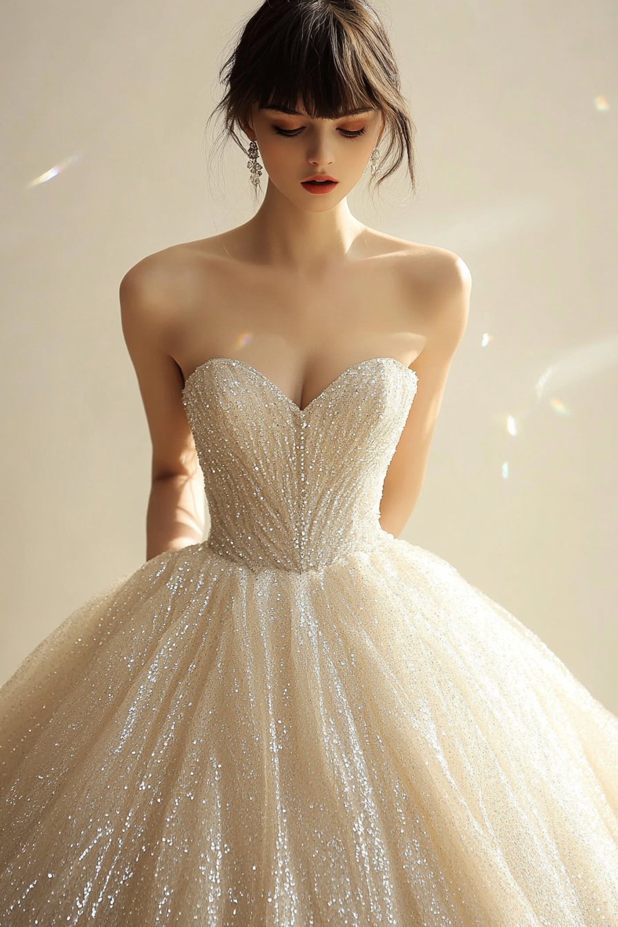 Wedding ballgown. Glittering tulle with a crystal-draped sweetheart neckline.