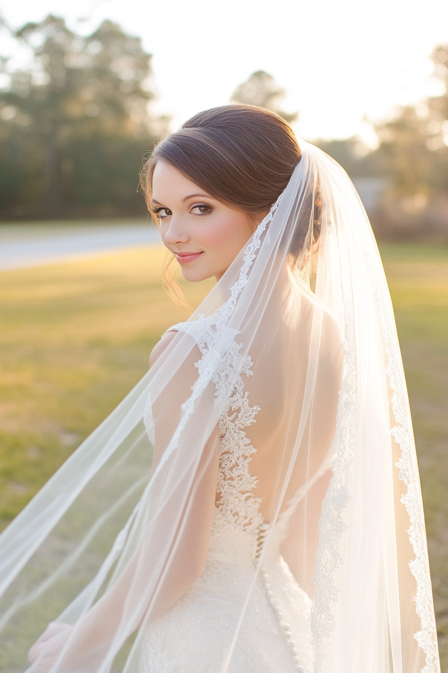 Cathedral length wedding veil. Ivory tulle with pearl-dotted lace edges.