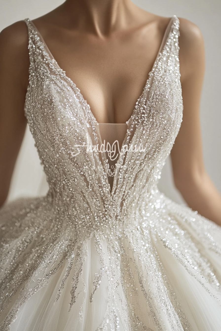 Wedding ballgown. Glittering tulle fabric with crystal-draped bodice.