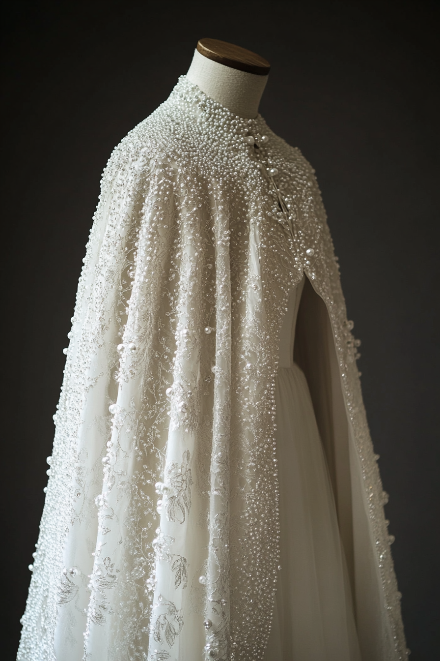 Wedding cape. Shimmering white with ice crystal-encrusted pearls.