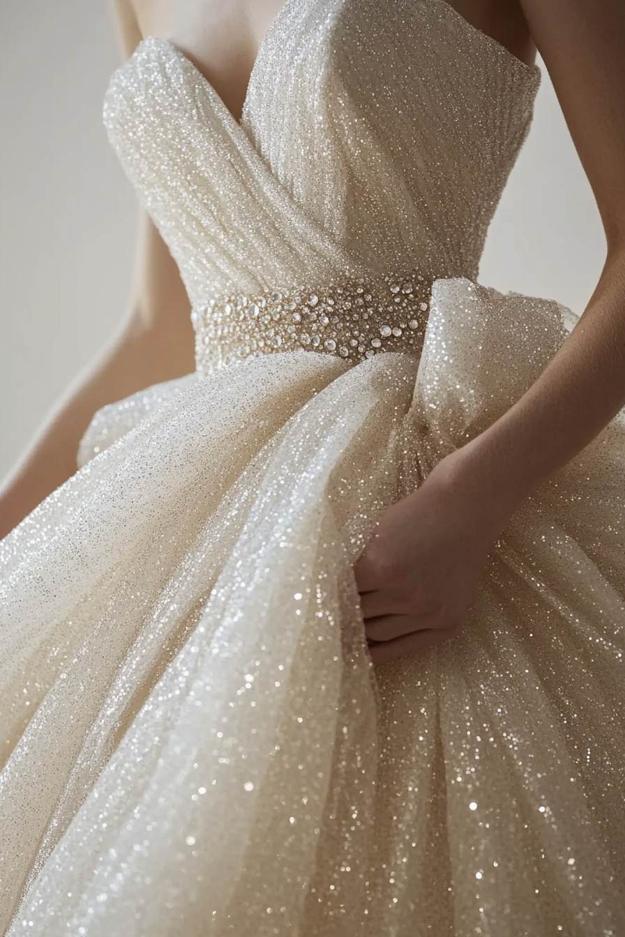 Wedding ballgown. Glittering tulle with a crystal-draped waist.