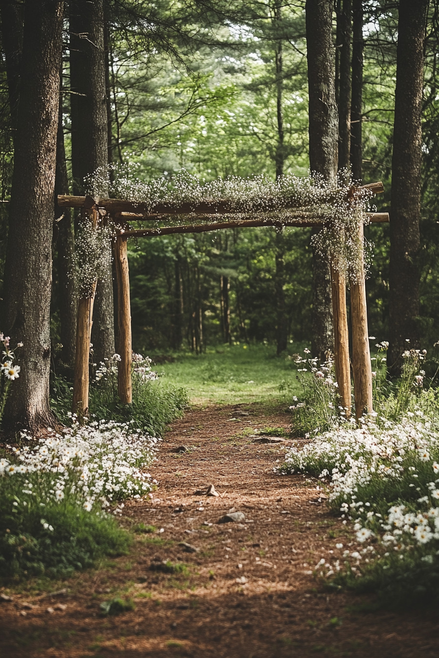 Small wedding venue. Rustic forest clearing with wildflower archway.