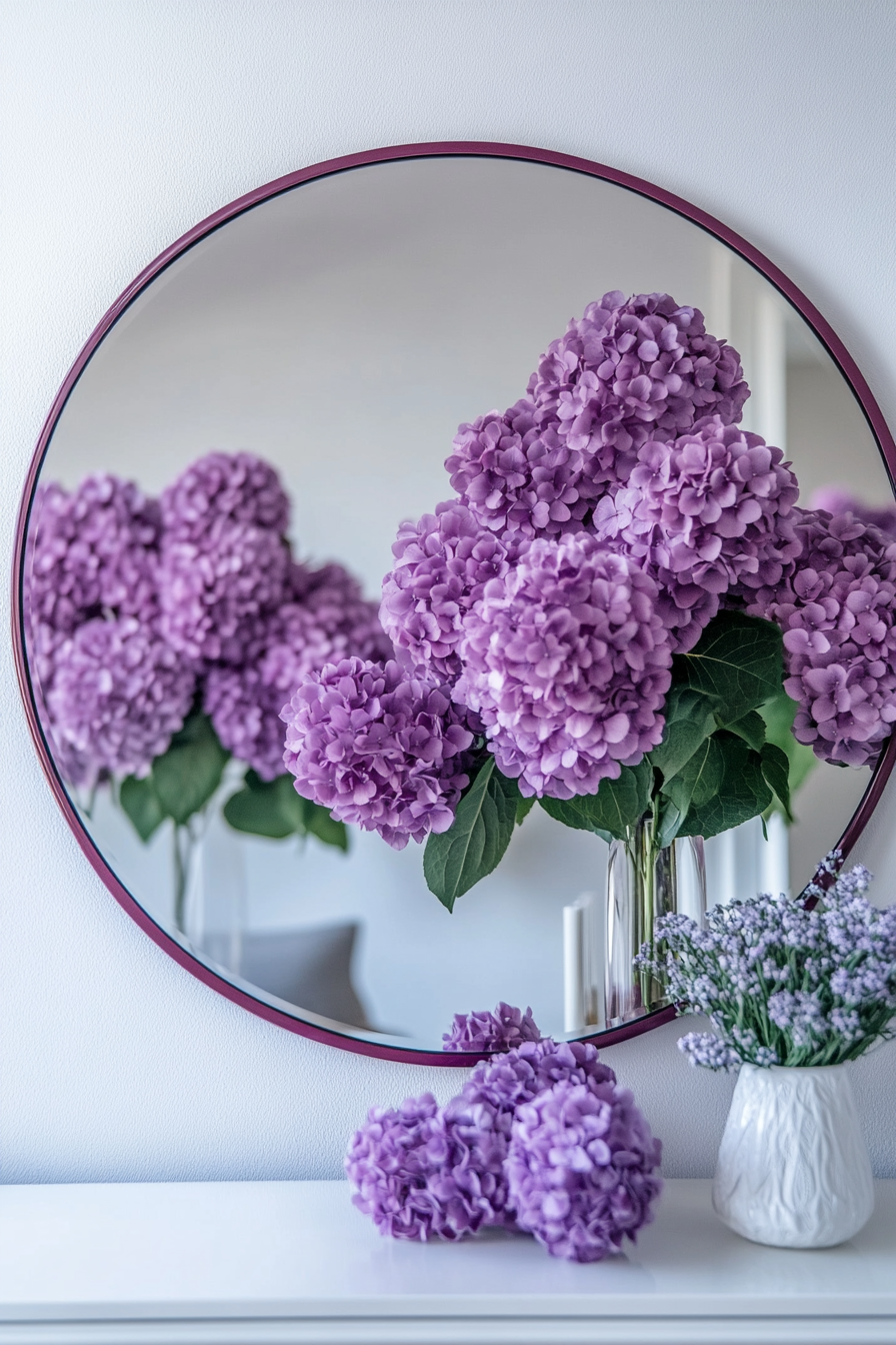 Wedding welcome mirror. Acrylic surface featuring lilac hydrangea floating frame.