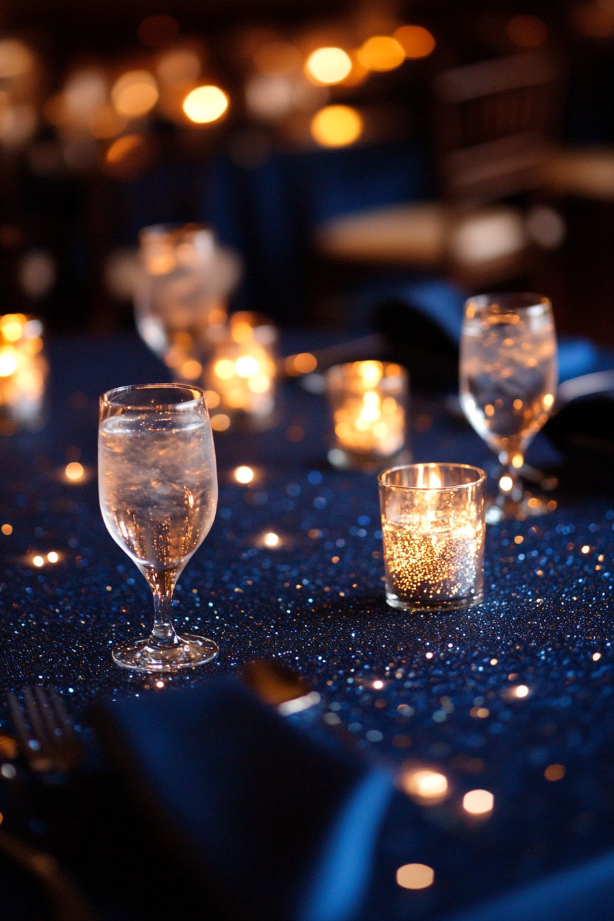 Wedding table. Midnight blue tablecloth with silver starry scatter.