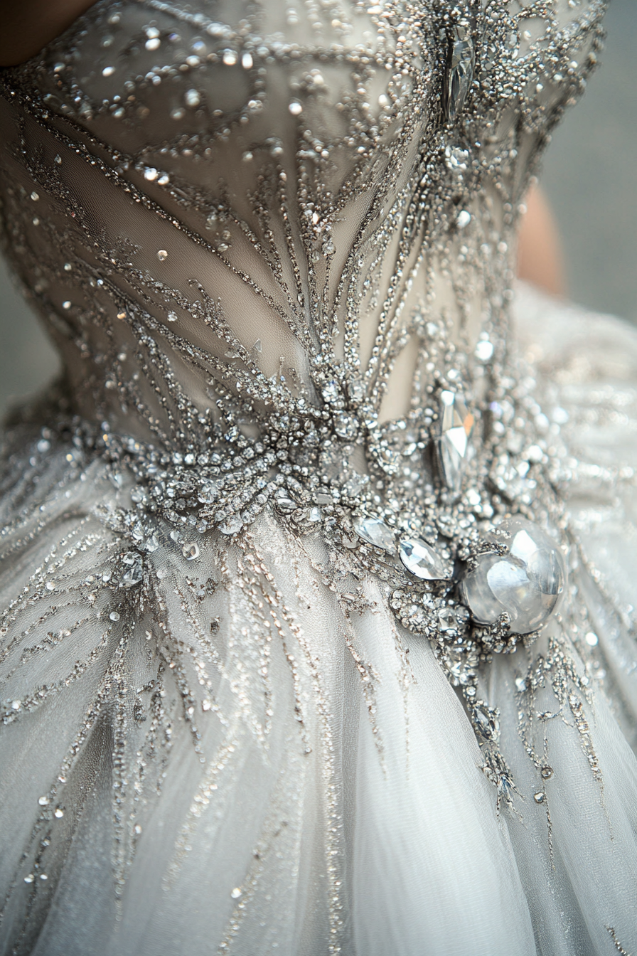 Wedding ballgown. Silver glittering tulle, crystal-draped corset.