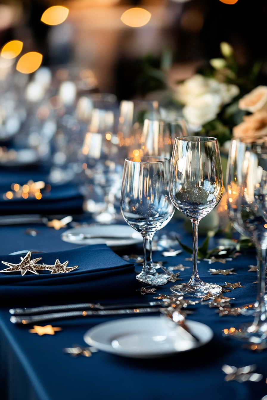 Wedding table. Midnight blue tablecloth with silver star-shaped confetti scattered.