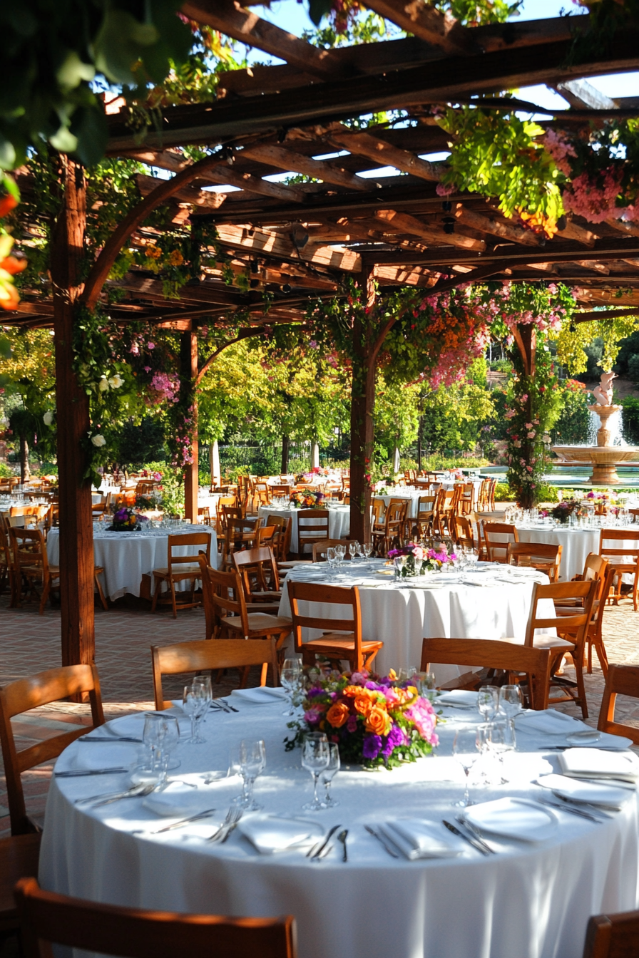 Wedding Reception Layout. round tables under floral pergola, near grand fountain view.