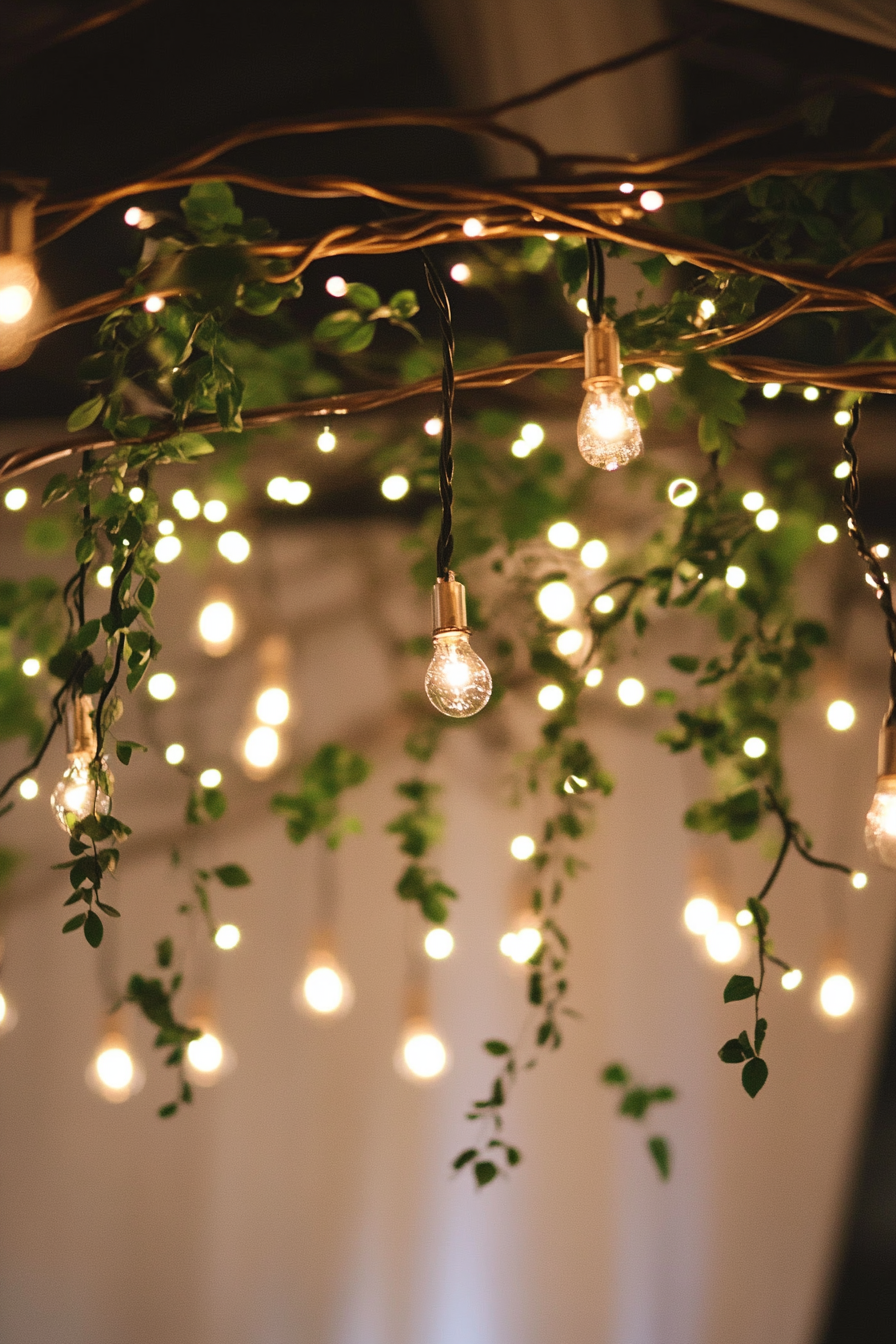 Wedding reception lighting. Elegantly twisted vine chandelier with delicate fairy lights.