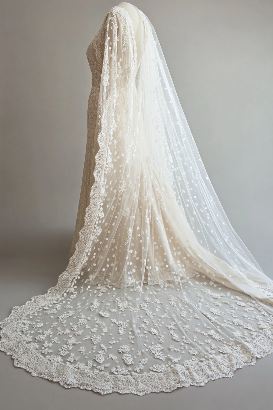 Cathedral length wedding veil. soft off-white lace, imprinted with pearl dots.