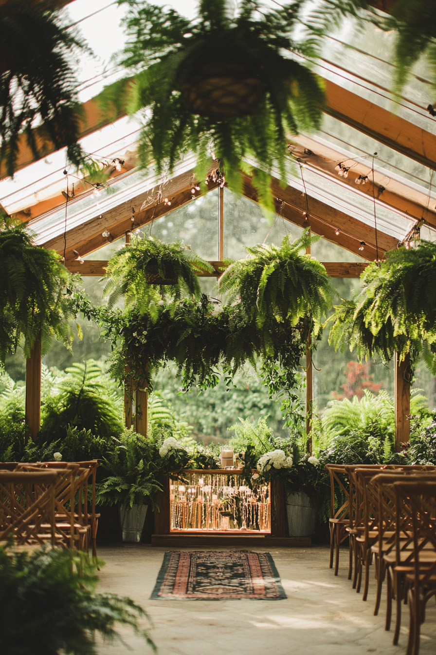 Small wedding venue concept. Greenhouse with hanging ferns.