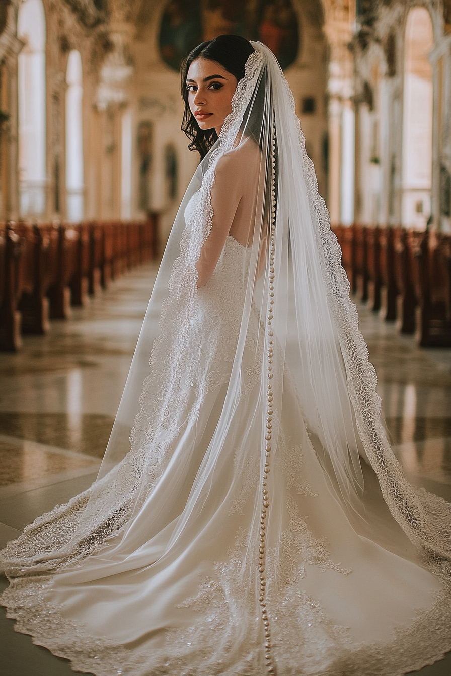 Wedding veil. Ivory cathedral length with Champagne pearl-dotted lace edges.