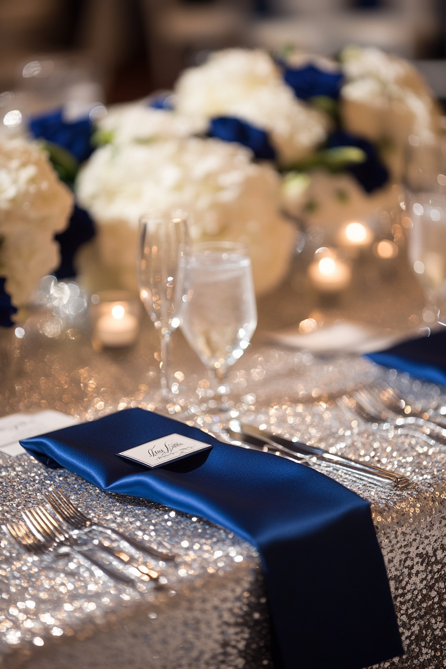 Wedding table. Silver sequin tablecloth with midnight blue satin napkins.