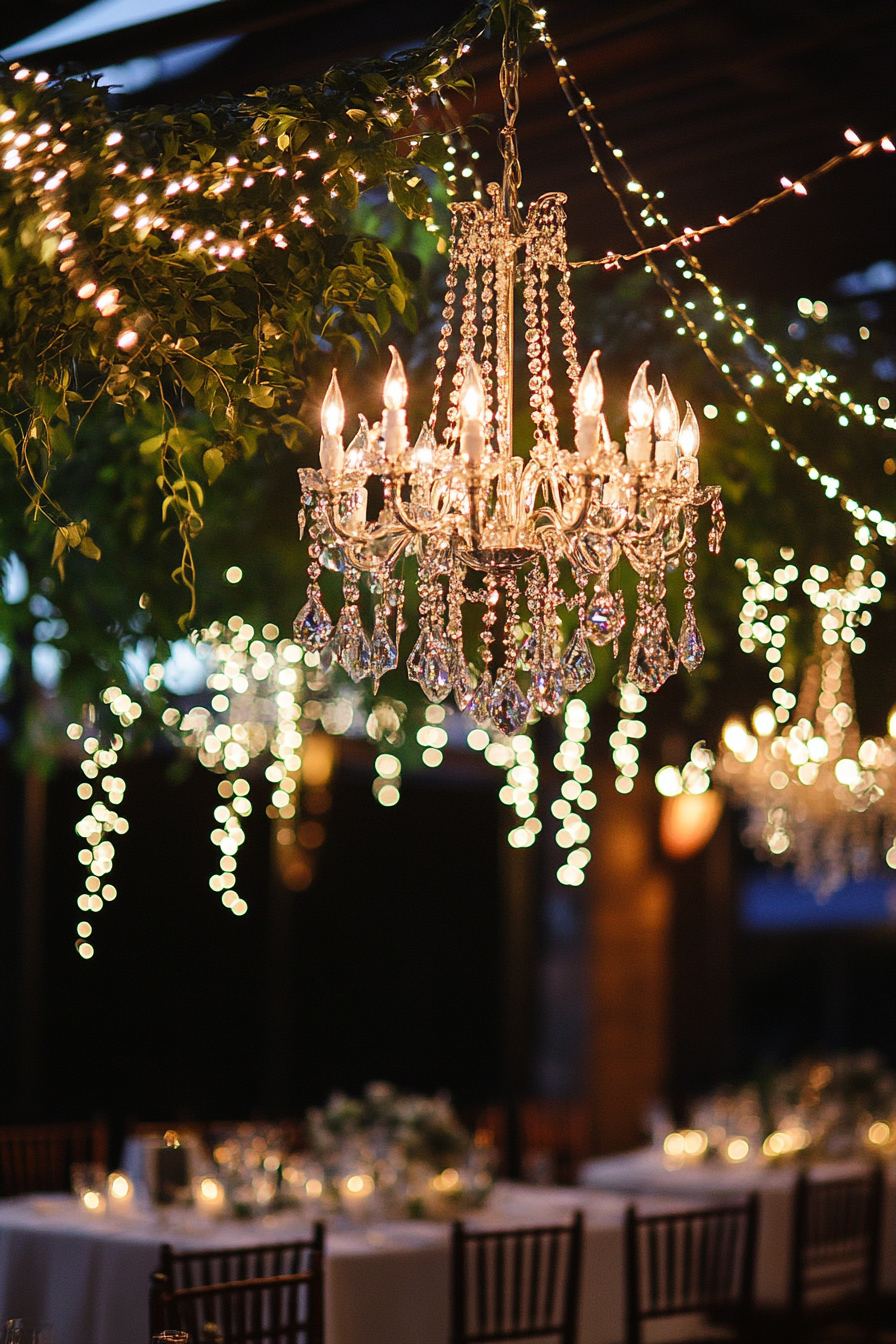 Wedding reception decor.  Crystal chandeliers intertwined with vines and fairy lights.