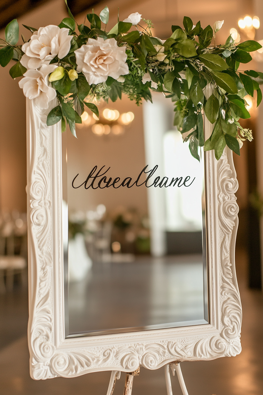 Wedding Welcome Mirror. Acrylic, white lily frame, black classic font.