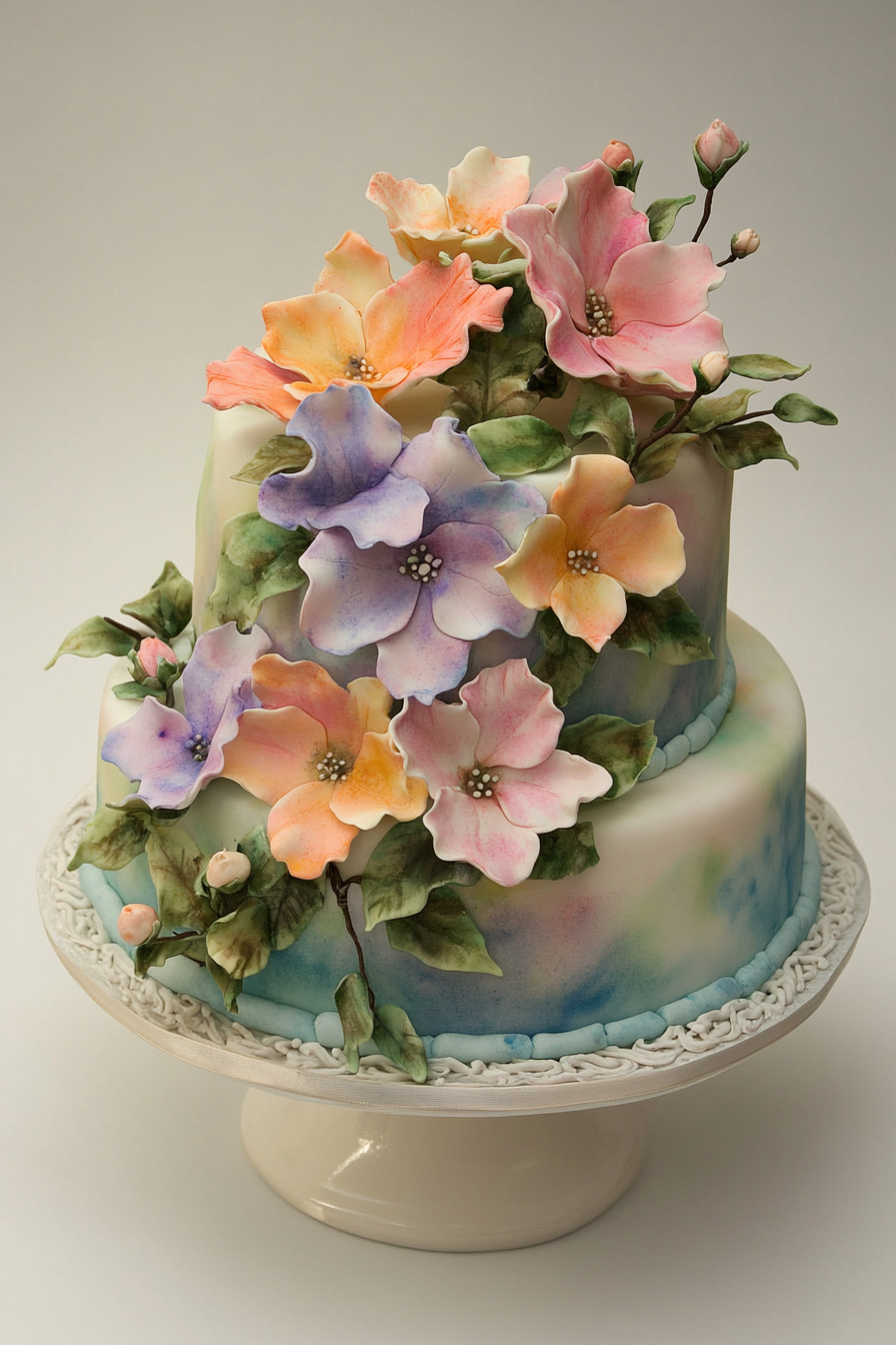 Wedding cake. Pastel florals with watercolor wash on white fondant.