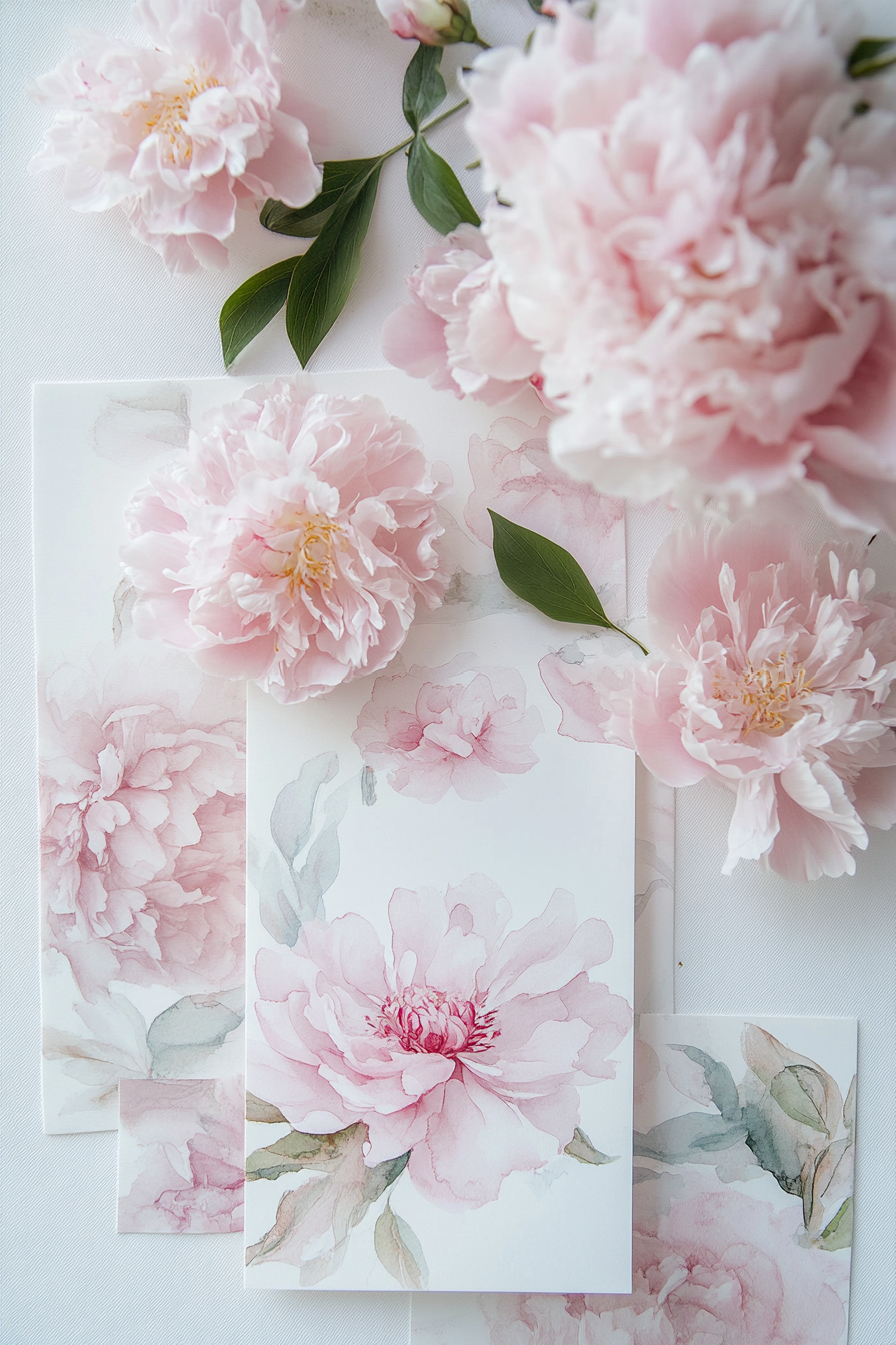 Wedding cake and stationery. Pastel pink peony decoration with delicate watercolor invitation set.