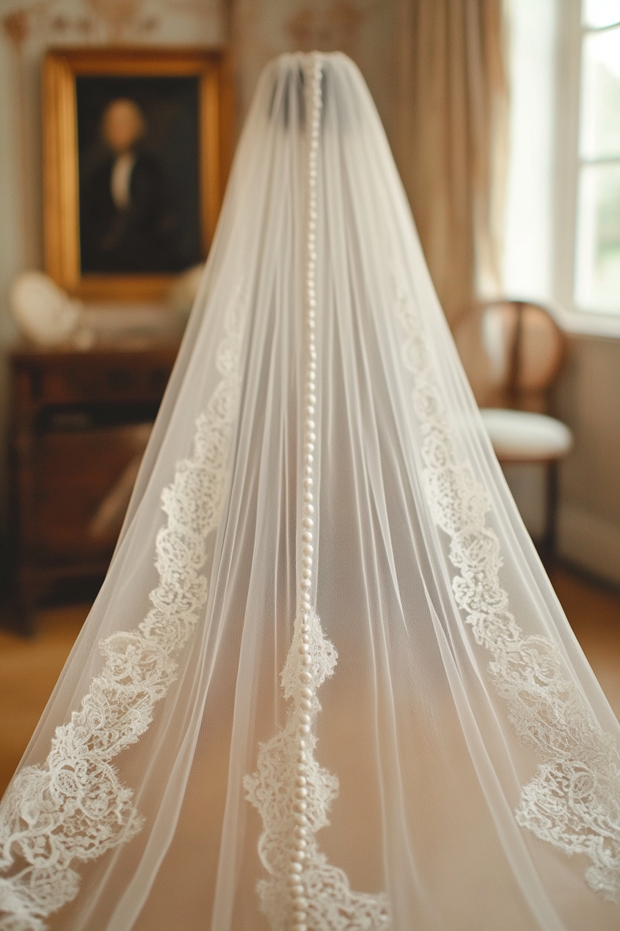 Cathedral length wedding veil. Scalloped lace edges dotted with creamy pearls.