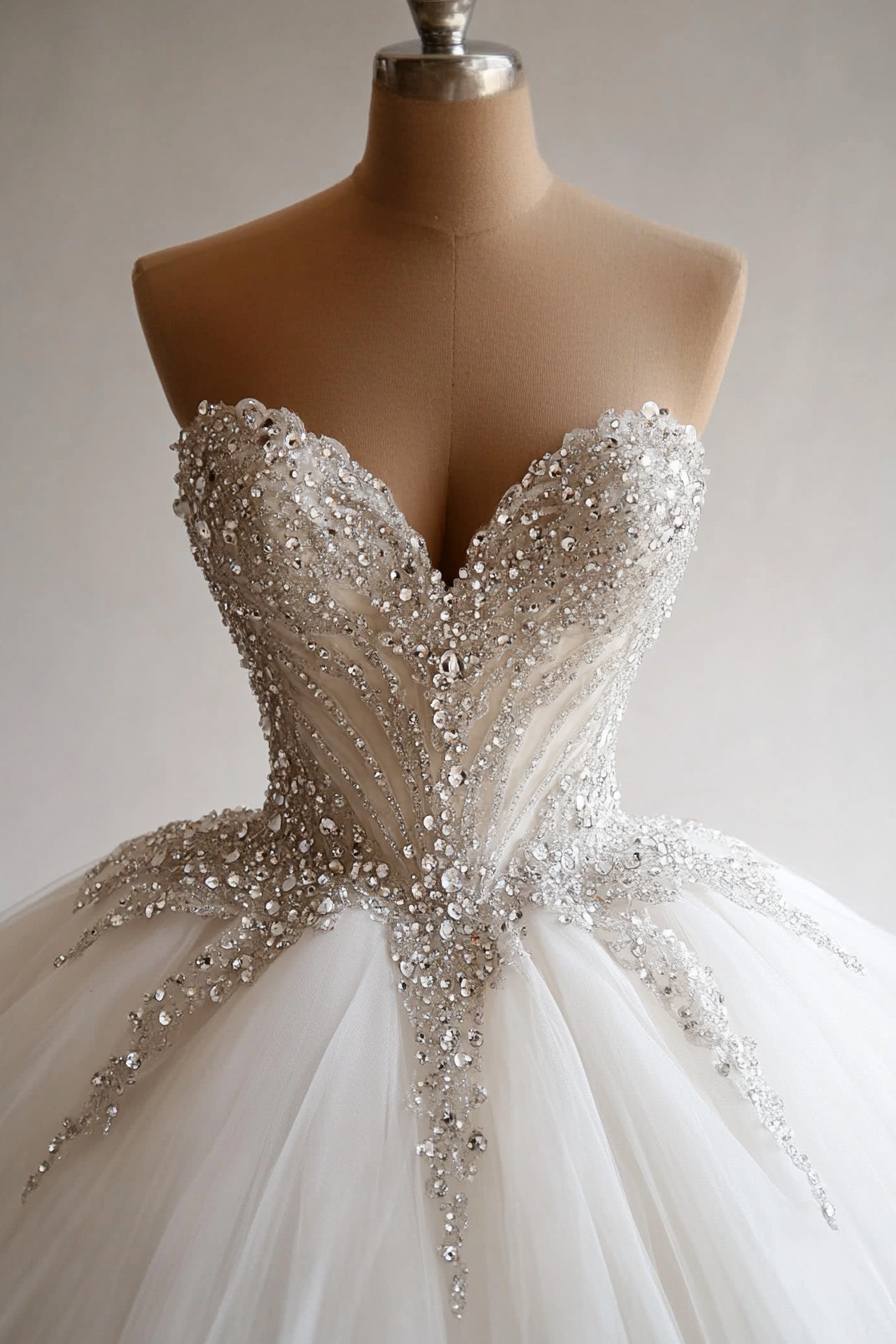 Wedding ballgown. Glittering tulle with crystal draping on the bodice.