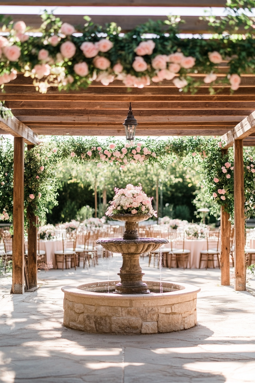 Wedding reception layout. Blush rose pergola overlooking a stone fountain.