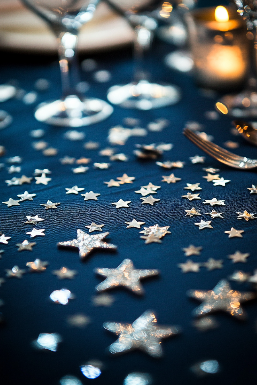 Wedding table. Midnight blue tablecloth with silver star shaped confetti.