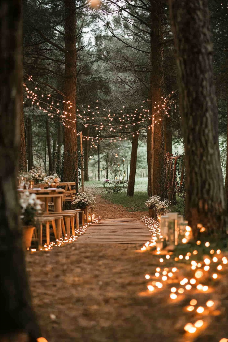 Small wedding venue concept. Forest glade adorned with fairy lights.