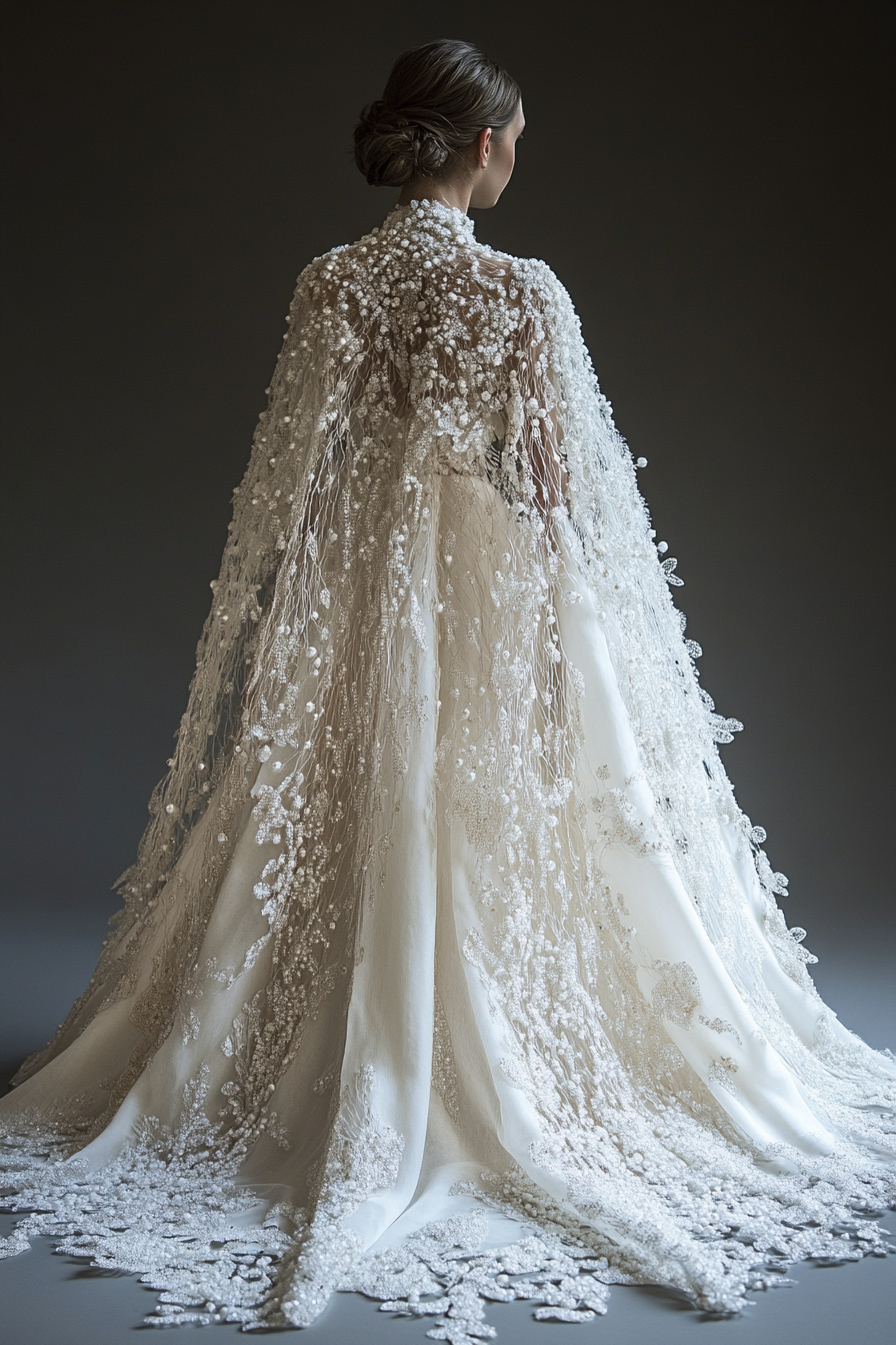 Wedding cape. Shimmering white, embellished with encrusted pearl ice crystals.