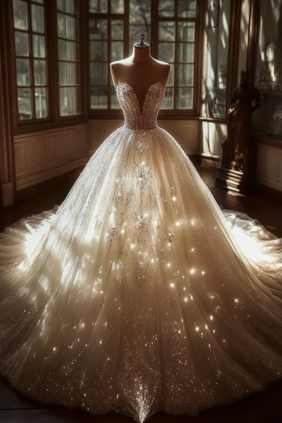 Wedding Ballgown. Beautiful-white, glittering tulle, crystal draped spaces.