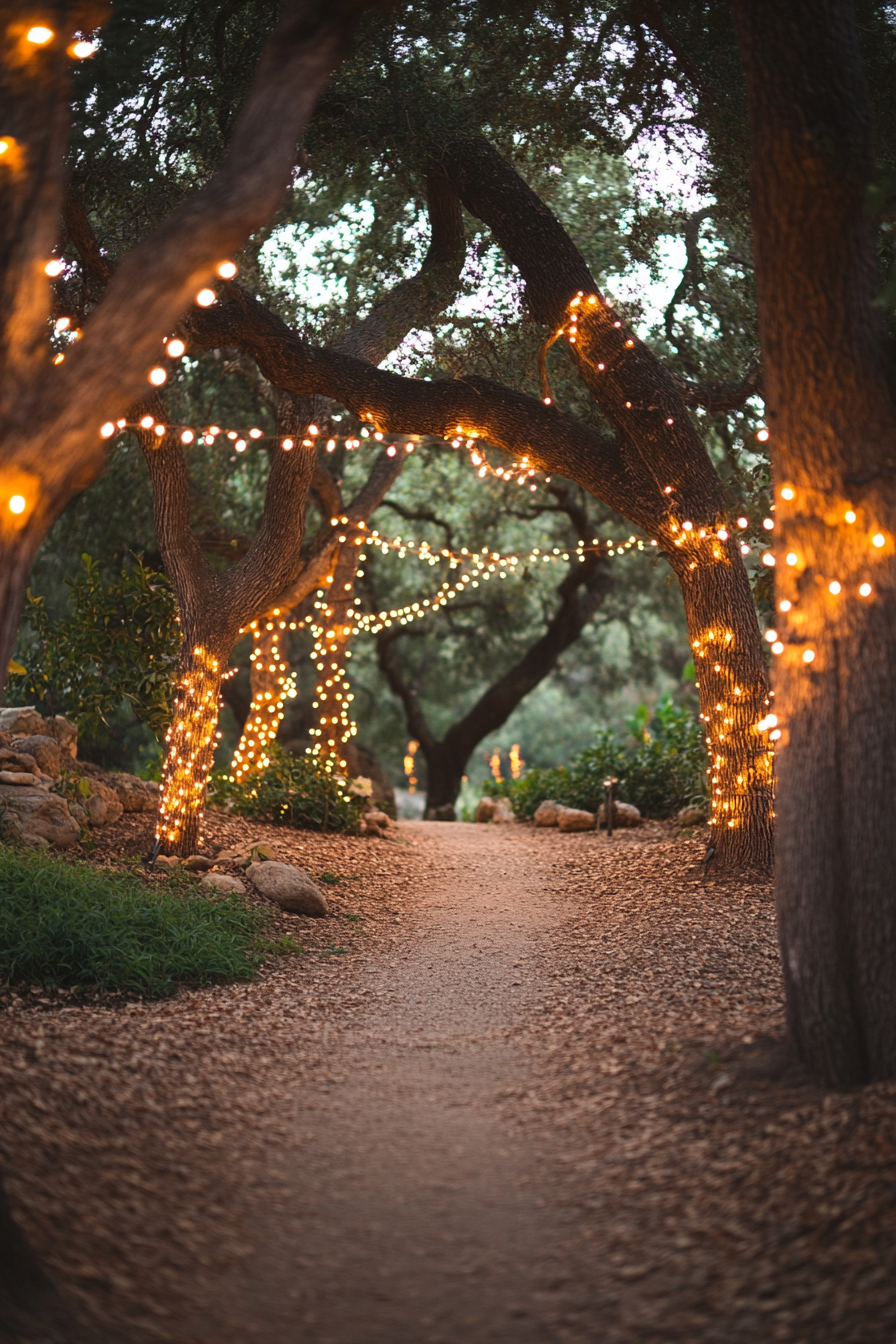 Small wedding venue. Ancient oak grove adorned with fairy lights.