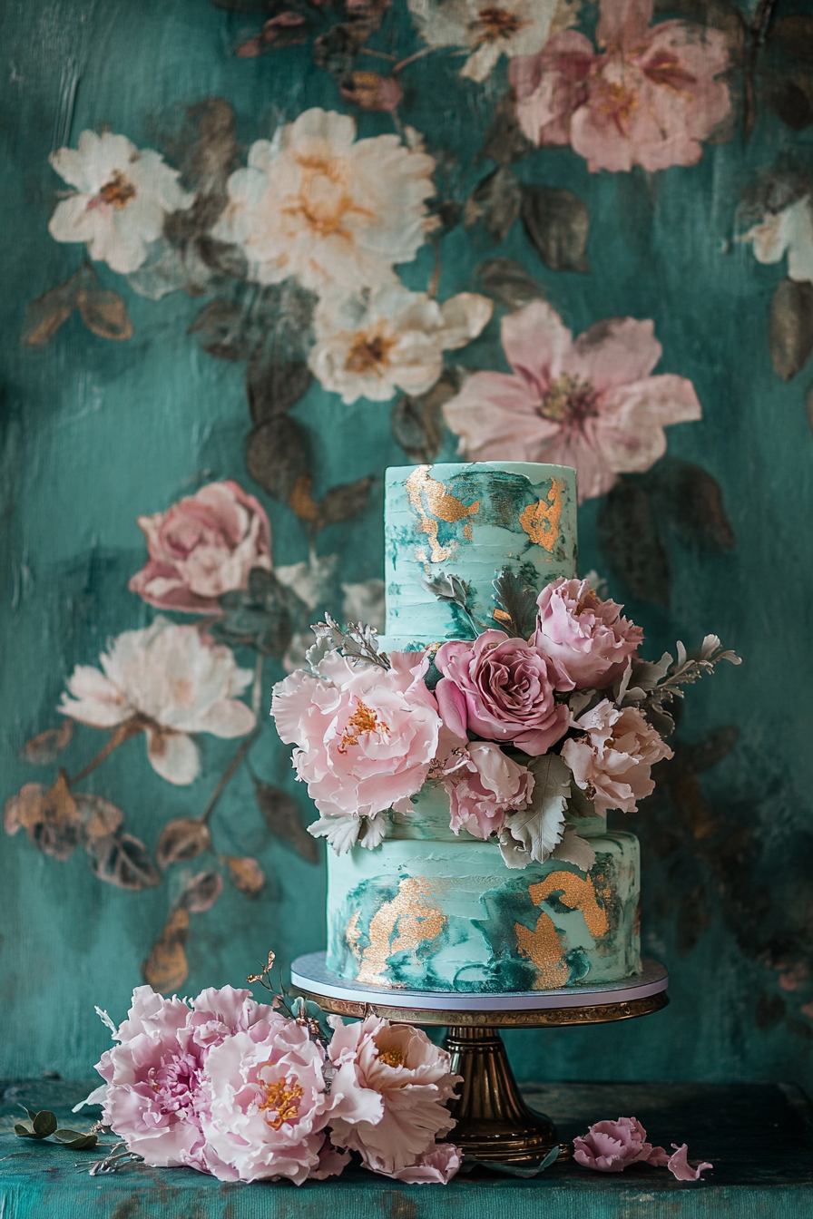 Wedding cake and stationery. Ruffled pastel florals on saturated teal with gold foil accents.