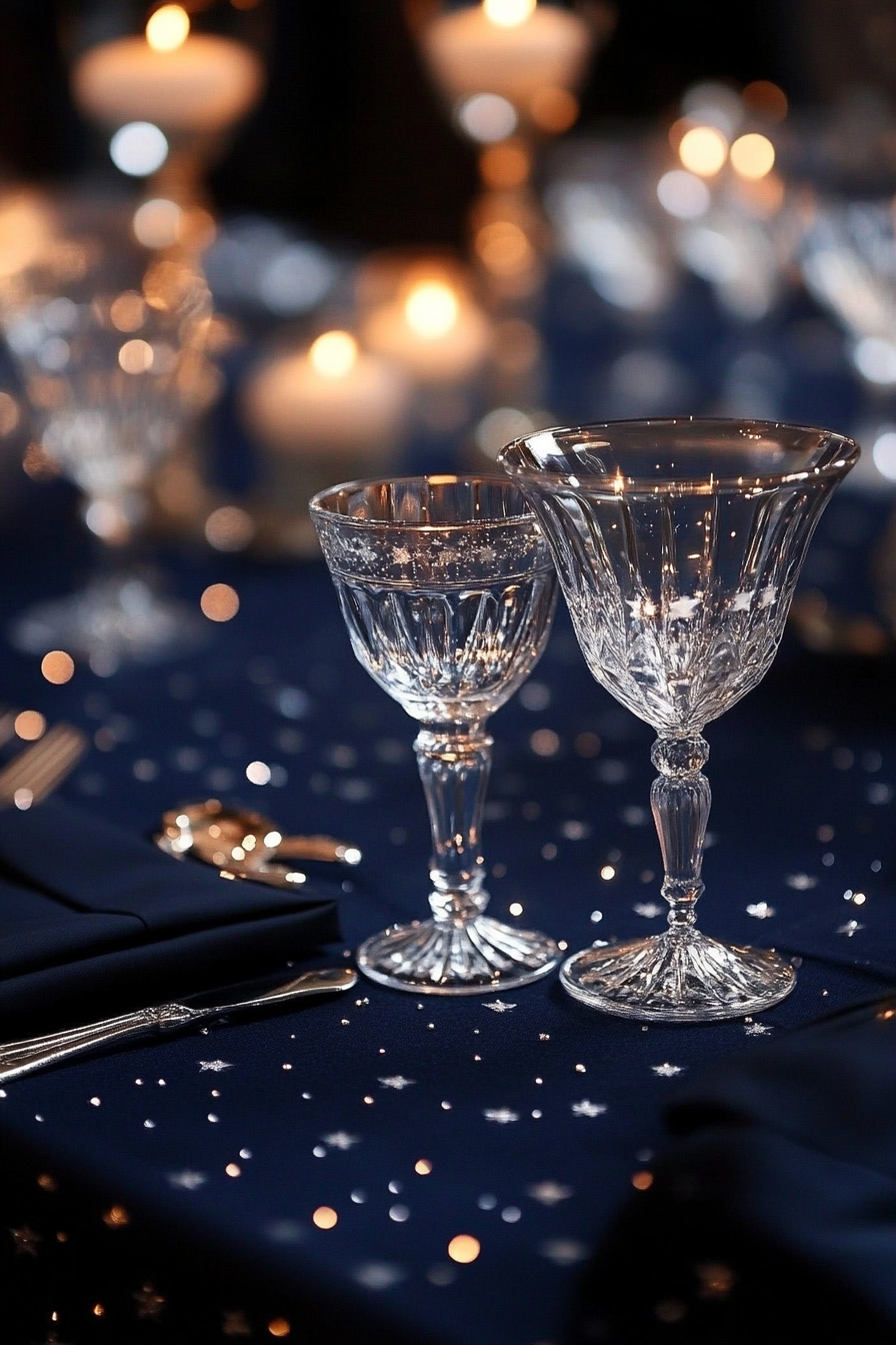 Wedding table. Midnight blue tablecloth, with scattered silver stars, embellished with crystal goblets.